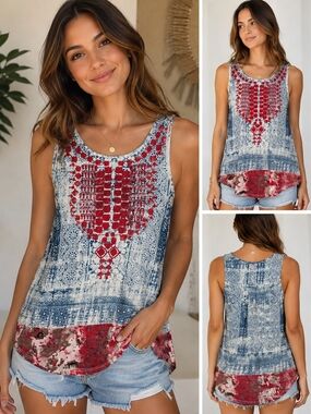 Lucky Brand Tank Top Womens XS Red Blue Geometric Embroidered Boho Aztec Western